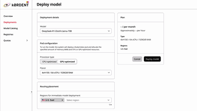 The "Deploy model" interface configures the "DeepSeek-R1-Distill-Llama-7B" model for CPU-optimized deployment with specific resource allocation in the U.S. East region, with undetermined pricing.