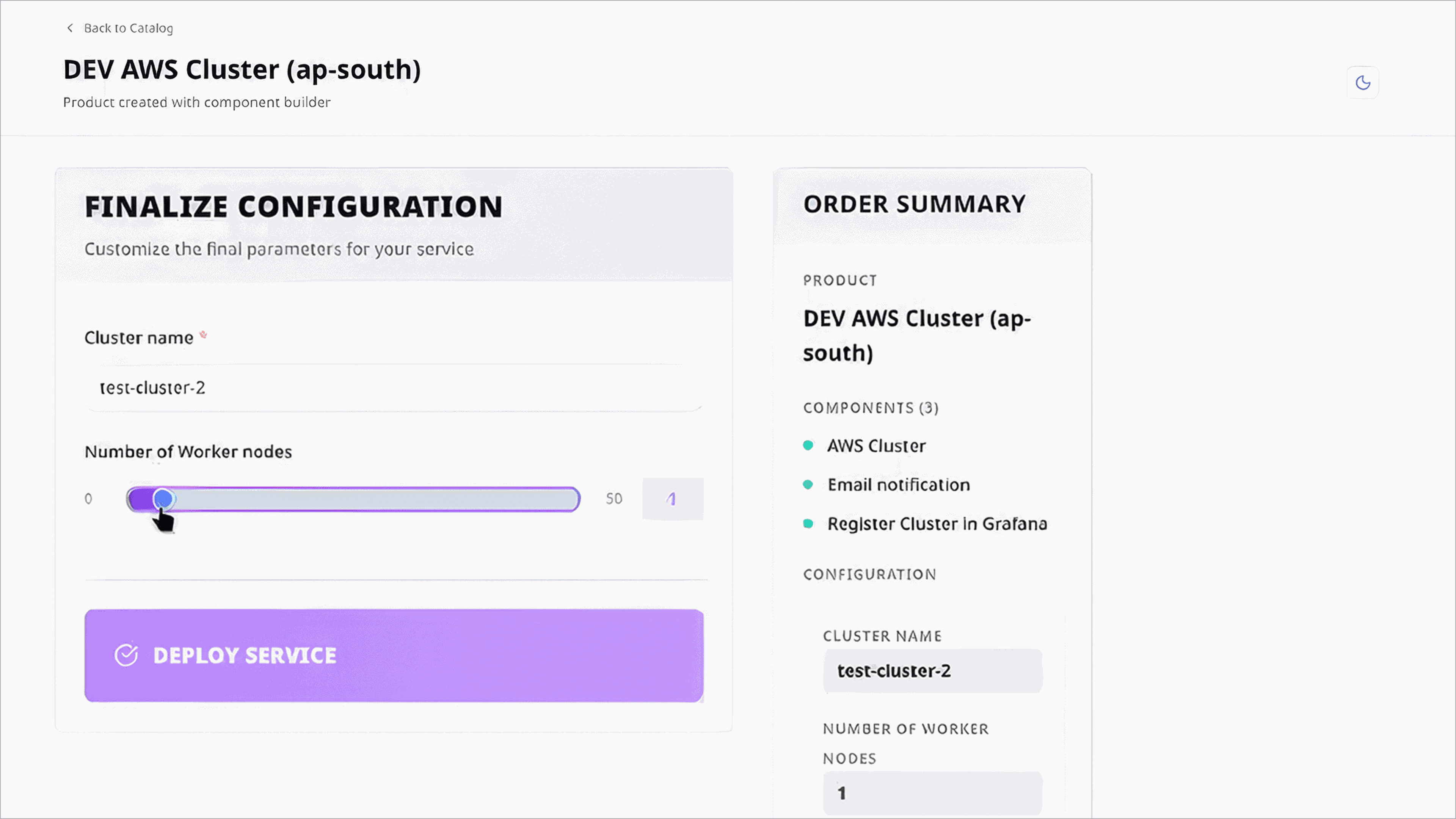 Interface for configuring a DEV AWS Cluster. Includes fields for cluster name, worker nodes, and options for email notification and Grafana registration.