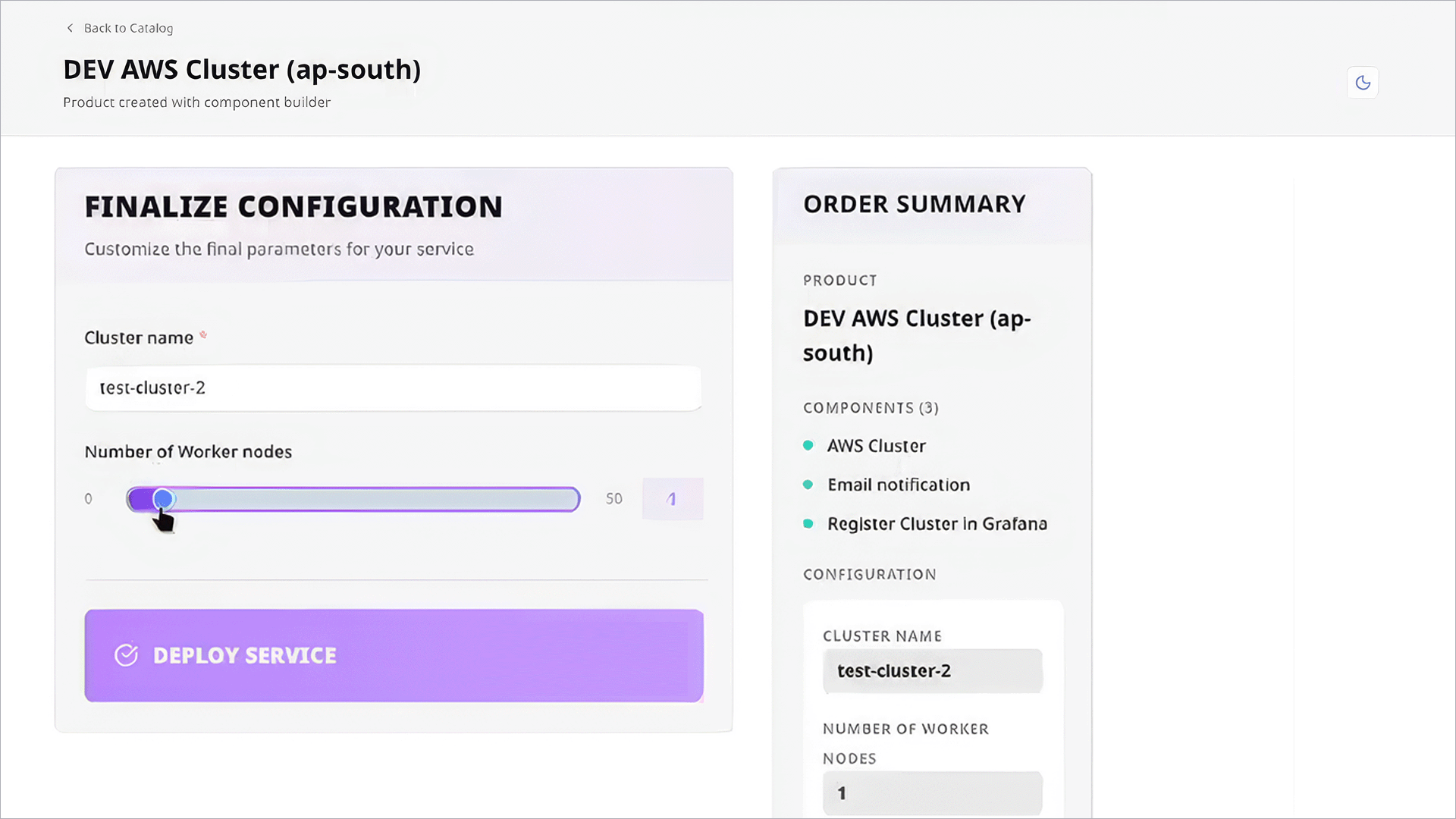 Interface for configuring a DEV AWS Cluster. Includes fields for cluster name, worker nodes, and options for email notification and Grafana registration.