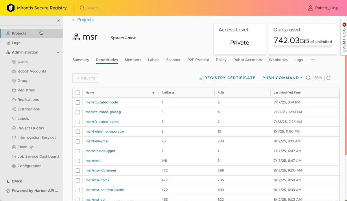 Screenshot of a dashboard from Mirantis Secure Registry showing project details, storage usage, and a list of repositories with their artifacts.