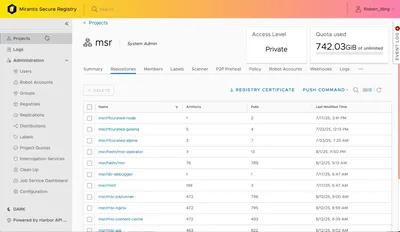 Screenshot of a dashboard from Mirantis Secure Registry showing project details, storage usage, and a list of repositories with their artifacts.