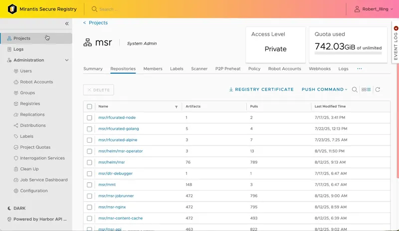 Screenshot of a dashboard from Mirantis Secure Registry showing project details, storage usage, and a list of repositories with their artifacts.