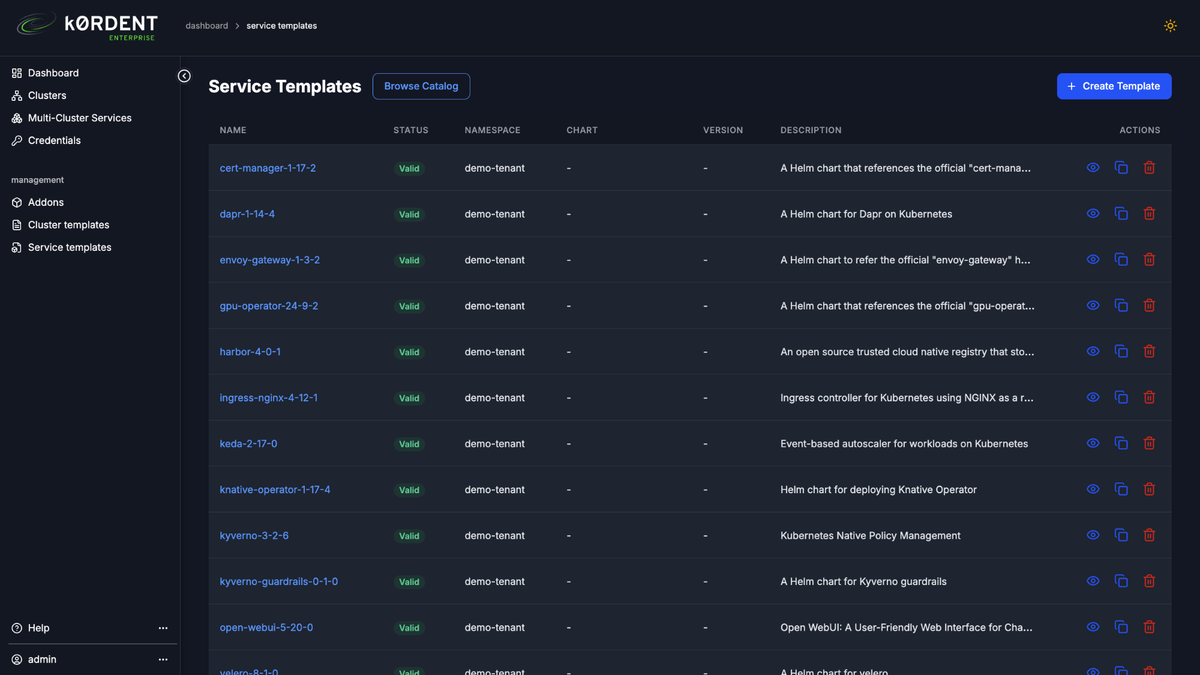 Dashboard displaying a list of service templates with details like name, status, and description in a dark-themed interface.