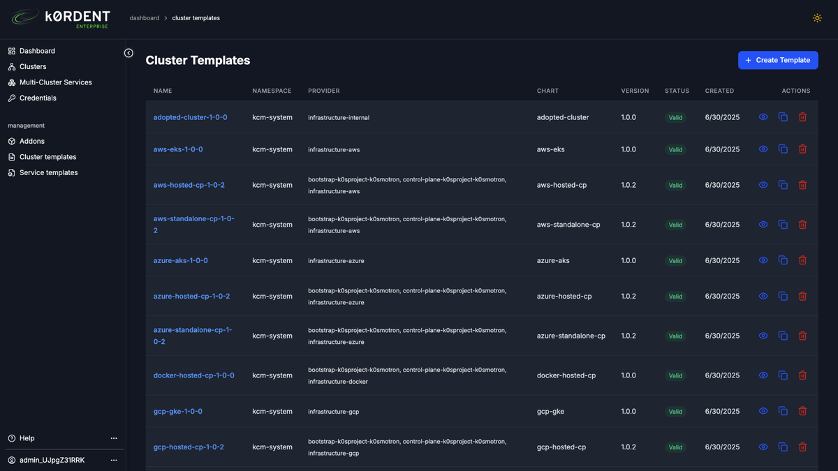 Dashboard displaying a list of cluster templates with details like name, provider, version, status, created date, and action buttons.
