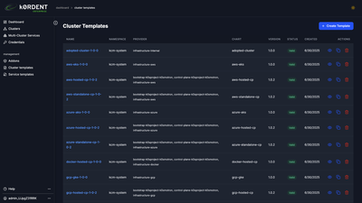 Dashboard displaying a list of cluster templates with details like name, provider, version, status, created date, and action buttons.