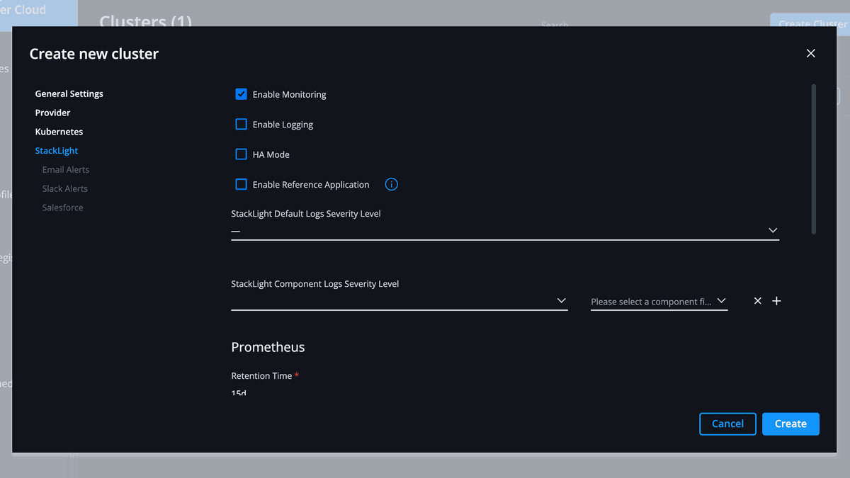 Screenshot of a "Create new cluster" interface with options for monitoring, logging, and severity levels. A "Create" button is at the bottom.