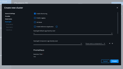 Screenshot of a "Create new cluster" interface with options for monitoring, logging, and severity levels. A "Create" button is at the bottom.
