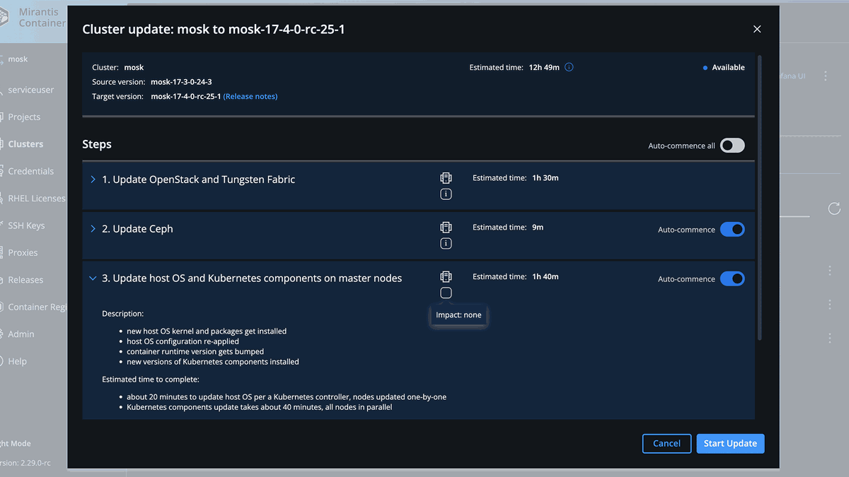 A software update interface showing cluster update steps, including OpenStack, Ceph, and Kubernetes, with estimated times and descriptions.