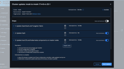A software update interface showing cluster update steps, including OpenStack, Ceph, and Kubernetes, with estimated times and descriptions.