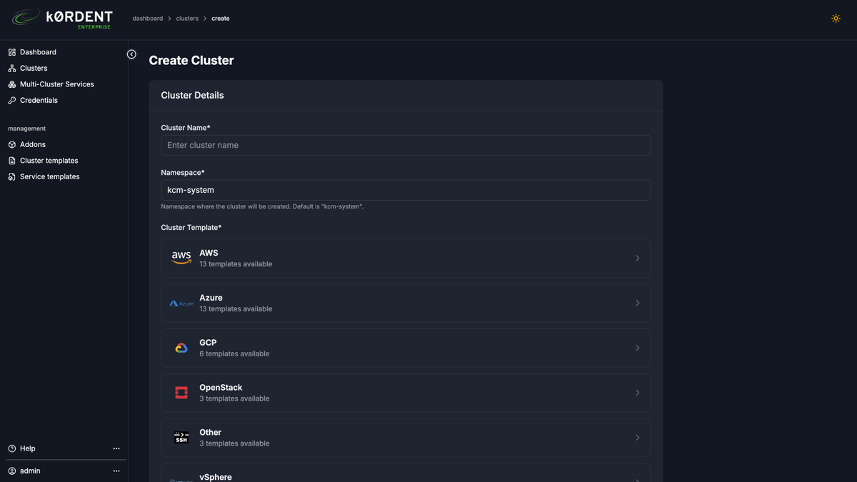 Dark-themed interface for creating a cluster, featuring fields for cluster name, namespace, and options for AWS, Azure, GCP, and more.