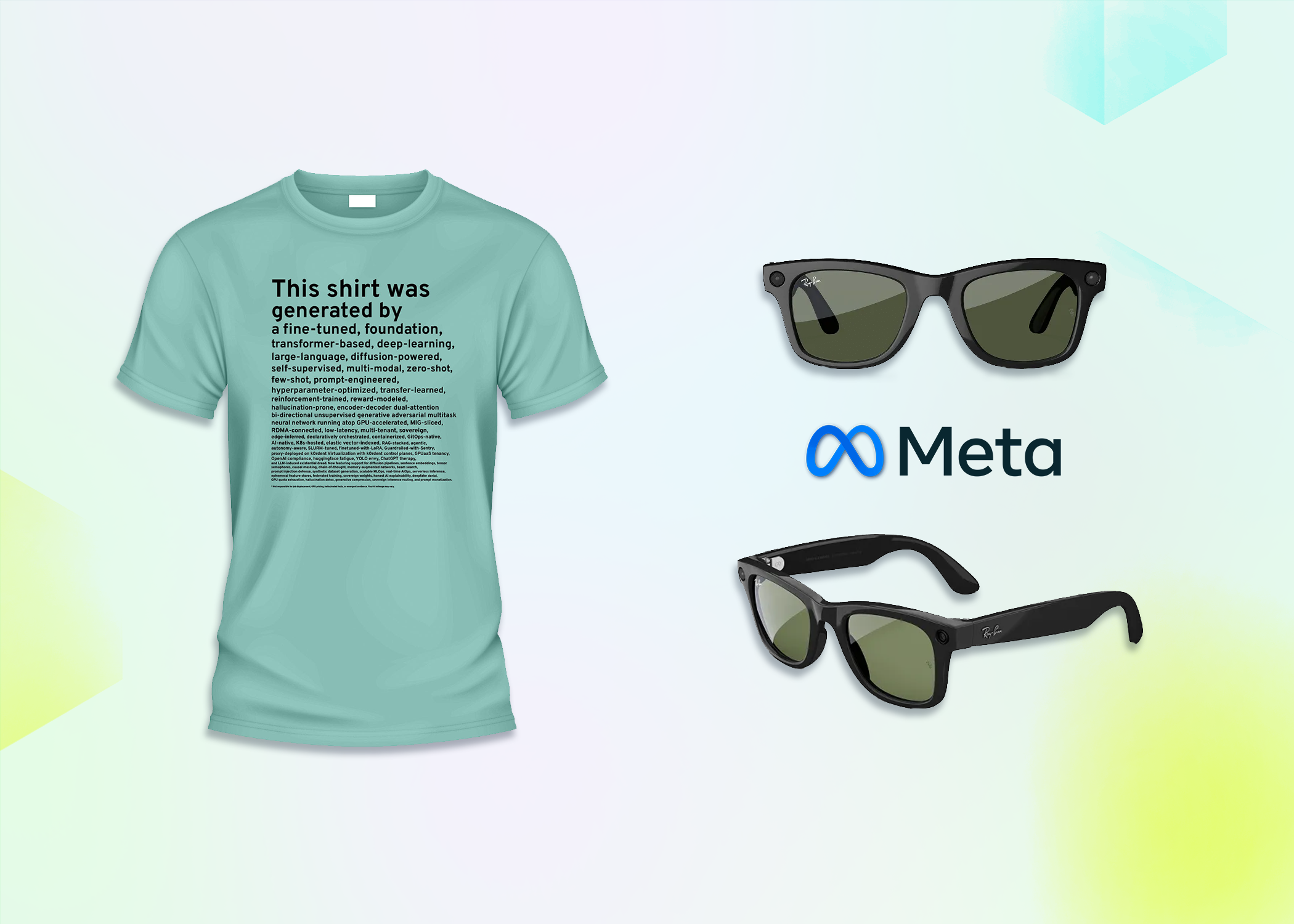 A teal T-shirt with text, two pairs of black sunglasses, and the Meta logo on a light geometric background.