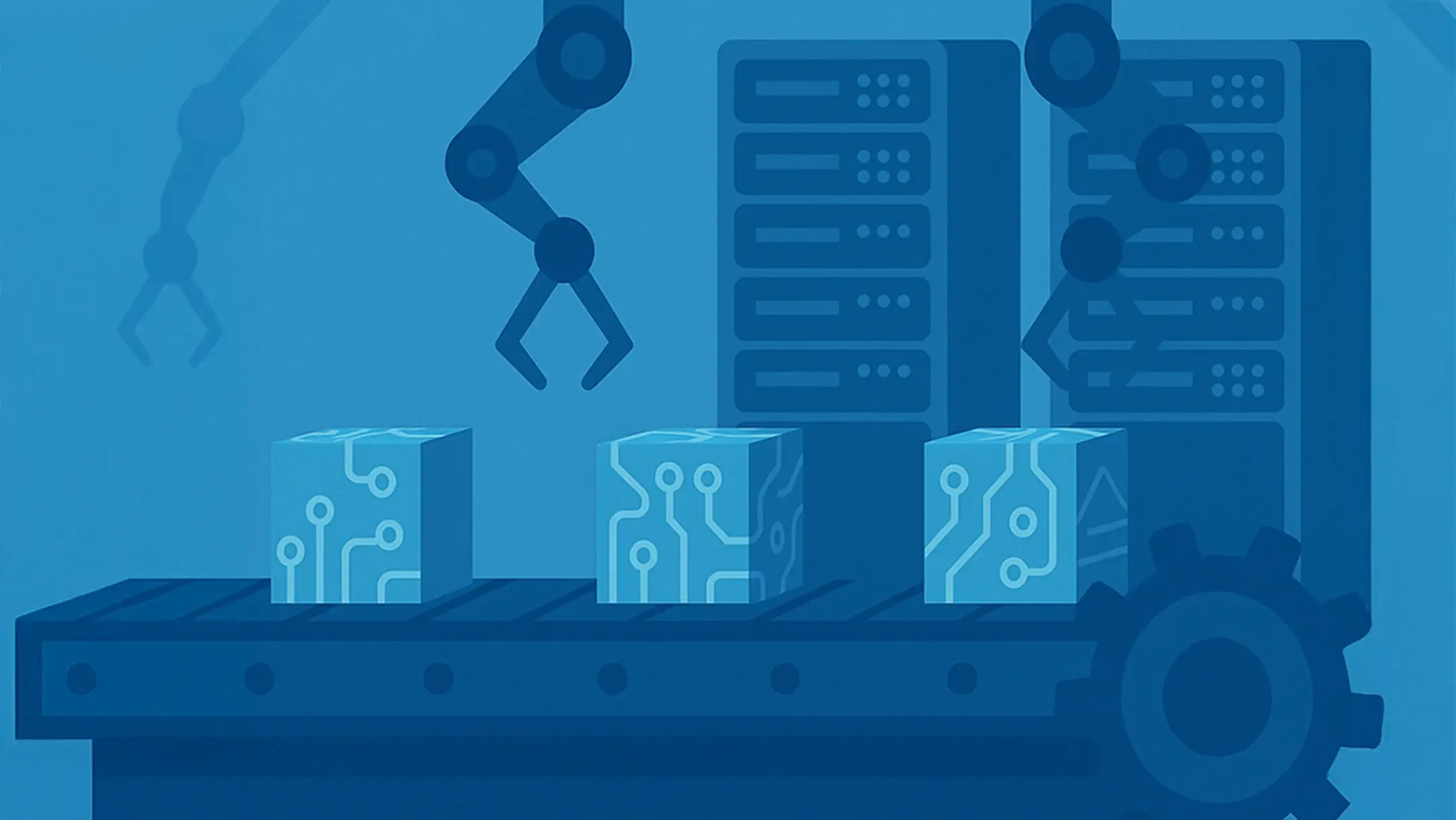 Illustration of robotic arms placing circuit-patterned boxes on a conveyor belt with servers in the background, in shades of blue.