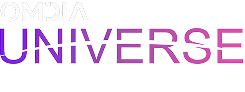 The image features the text "Omdia Universe Leader" in a gradient of purple and pink on a transparent background.