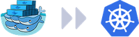Docker whales and containers transform into Kubernetes logo with two forward arrows in between.