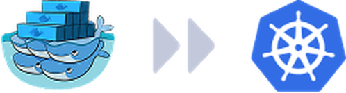 Docker whales and containers transform into Kubernetes logo with two forward arrows in between.