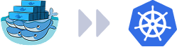 Docker whales and containers transform into Kubernetes logo with two forward arrows in between.