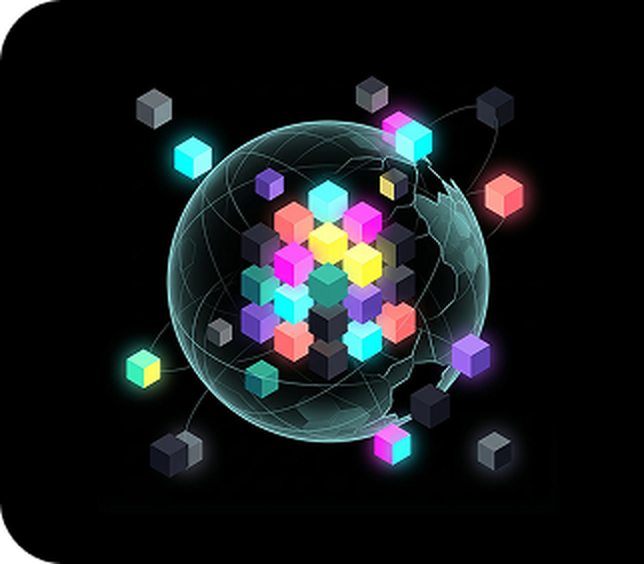 A glowing sphere with interconnected colorful cubes inside and around it, set against a black background, symbolizing digital networks.