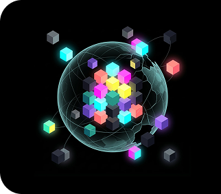 A glowing sphere with interconnected colorful cubes inside and around it, set against a black background, symbolizing digital networks.