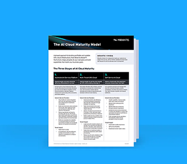 Stacks of documents titled "The AI Cloud Maturity Model" on a blue background, displaying text and tables.