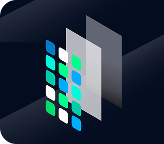 Colorful grid of rounded squares, with overlapping transparent sheets, on a dark gradient background.