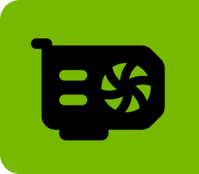 Icon of a black graphics card with a fan on a green background.