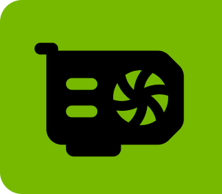 Icon of a black graphics card with a fan on a green background.
