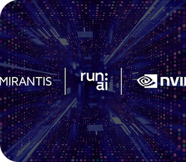 Logos of Mirantis, run:ai, and NVIDIA against a digital, futuristic background with streaks of light and dots.