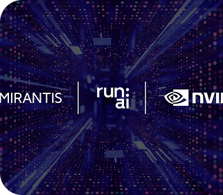 Logos of Mirantis, run:ai, and NVIDIA against a digital, futuristic background with streaks of light and dots.