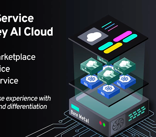 Futuristic diagram of AI cloud layers, featuring marketplace, service, experience, and differentiation over a Bare Metal base.