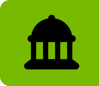 A black silhouette of a domed building with columns on a green background.