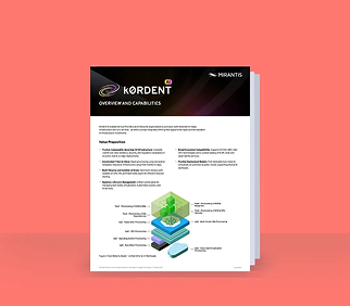 A document titled "Kordent Overview and Capabilities" featuring text and a colorful diagram against a coral background.