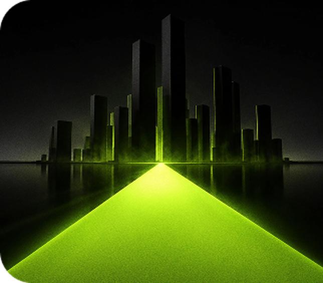A futuristic cityscape with glowing green structures reflected on a dark surface, illuminated by a bright green path leading forward.
