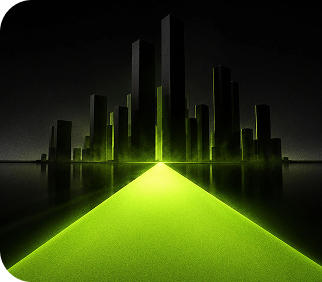 A futuristic cityscape with glowing green structures reflected on a dark surface, illuminated by a bright green path leading forward.