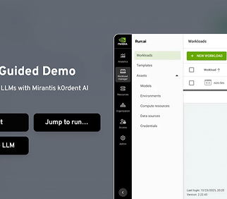 Screenshot of a software interface showing a guided demo with options for workloads, templates, and assets on a gray background.