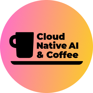 Black coffee mug silhouette with "Cloud Native AI & Coffee" text on pink to yellow gradient circle background.