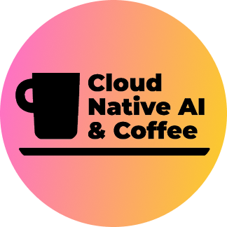 A black mug silhouette with "Cloud Native AI & Coffee" text on a pink-orange gradient circular background.
