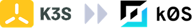 K3S logo with a yellow background, followed by two gray arrows pointing right, leading to a stylized blue and teal logo on a white background.