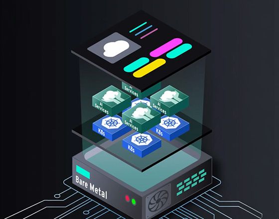 Illustration of a layered tech stack with bare metal hardware, Kubernetes (K8s), and service layers, topped by a user interface and cloud icon.