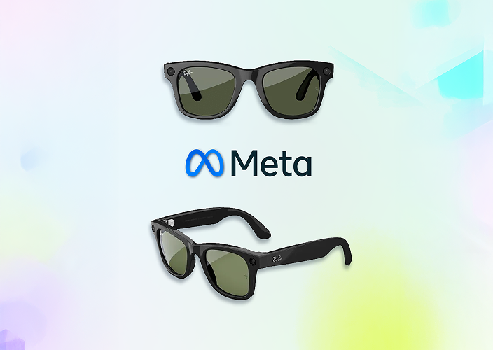 Two pairs of black sunglasses with green lenses are displayed on a pastel background, with the Meta logo in between them.