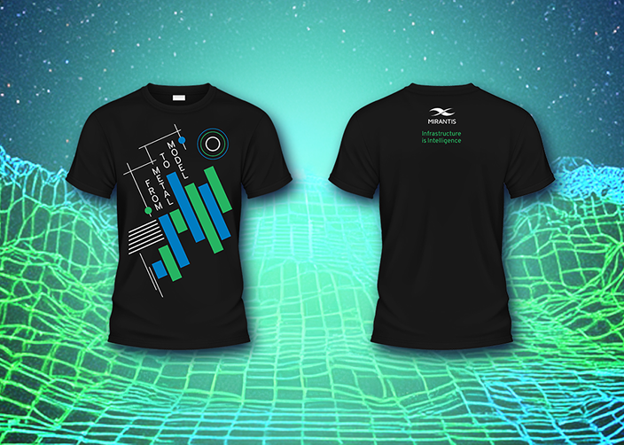 Front and back view of a black t-shirt with geometric designs and text, against a digital grid background.