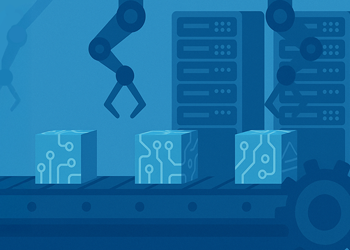 Robotic arms place circuit-patterned boxes on a conveyor belt. Background servers suggest a tech or automation theme.