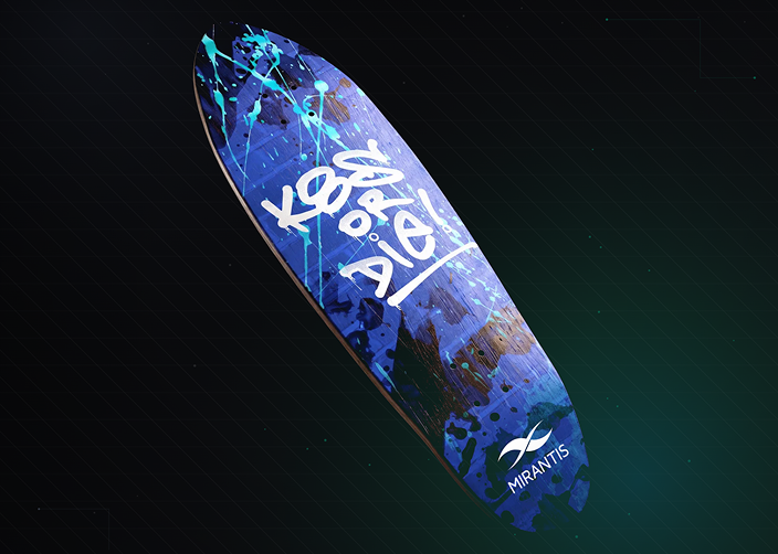 A digitally designed skateboard deck with abstract blue and black artwork, featuring the word "Mirantis" and a stylized abstract text in white.