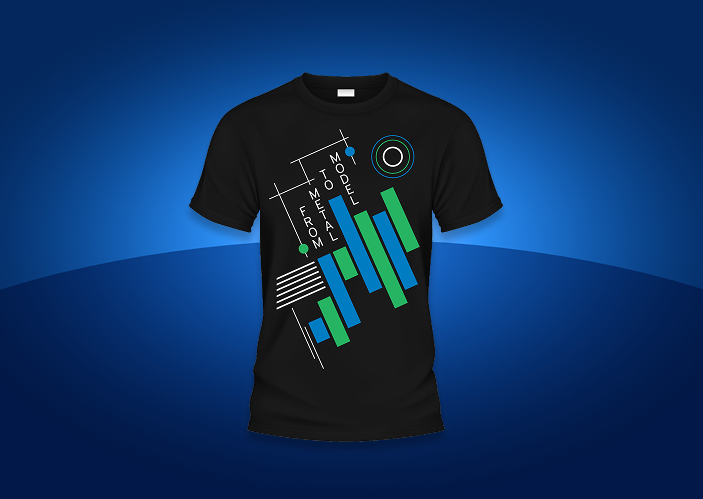 Black T-shirt featuring a modern geometric design with green and blue shapes and text. Displayed on a gradient blue background.
