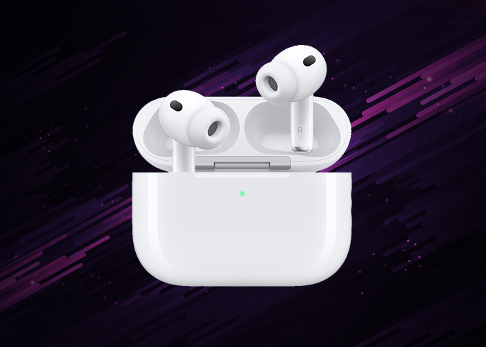 White wireless earbuds in an open charging case with a glowing green LED on a dark, abstract background.