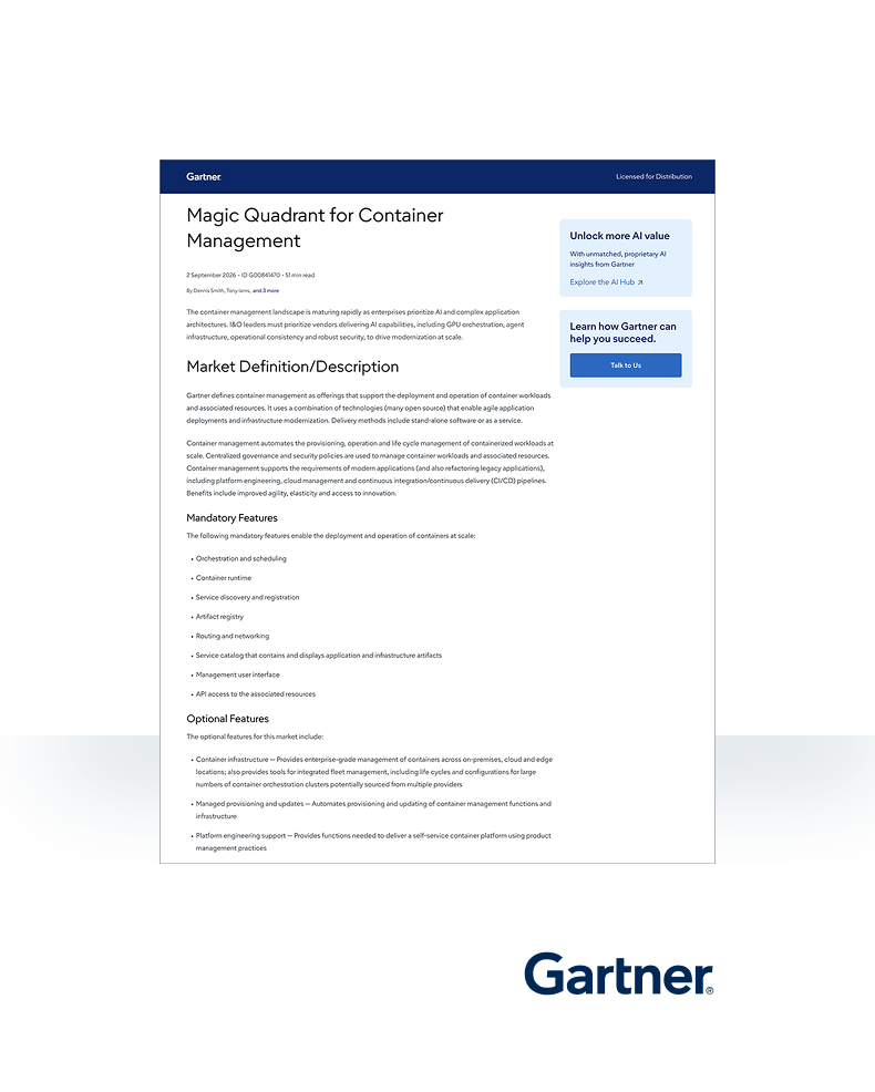 Gartner report titled "Magic Quadrant for Container Management," listing market definition and features, with emphasis on AI and application architecture.