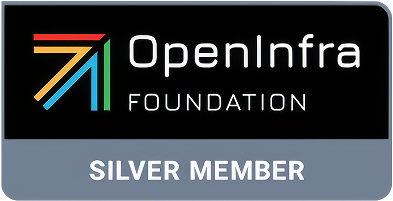Logo of OpenInfra Foundation with a colorful abstract design, text "SILVER MEMBER" below on a blue background.