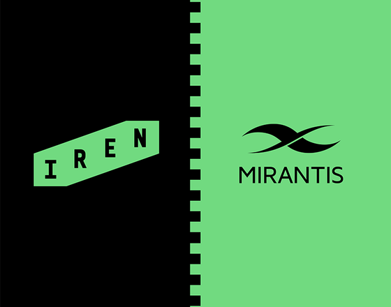 Split black and green background with "IREN" on the left and "MIRANTIS" with a wave logo on the right.
