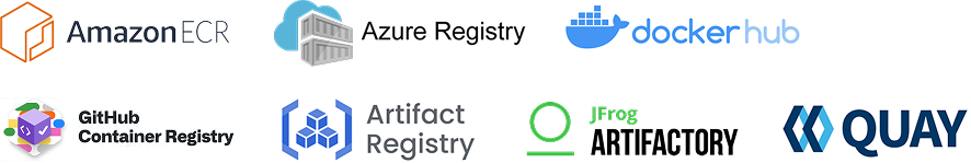 Logos of various container registries: Amazon ECR, Azure Registry, Docker Hub, GitHub Container Registry, Artifact Registry, JFrog Artifactory, Quay.