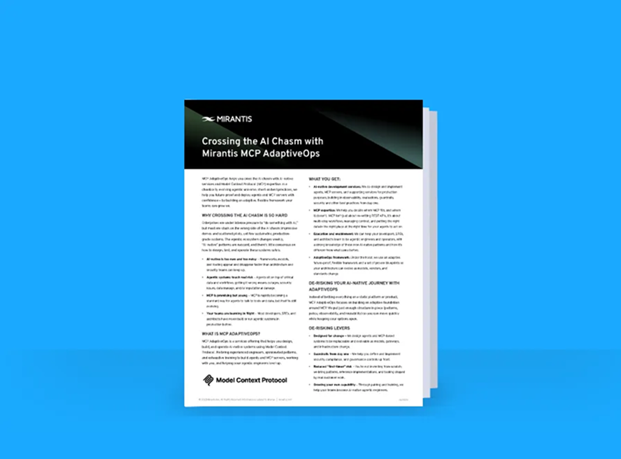 A brochure tilted "Crossing the AI Chasm with Mirantis MCP AdaptiveOps" on a blue background, displaying text in black and white.