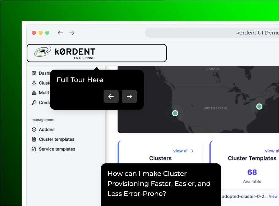 A software dashboard with navigation menu, a tour pop-up, and text asking about improving cluster provisioning efficiency.